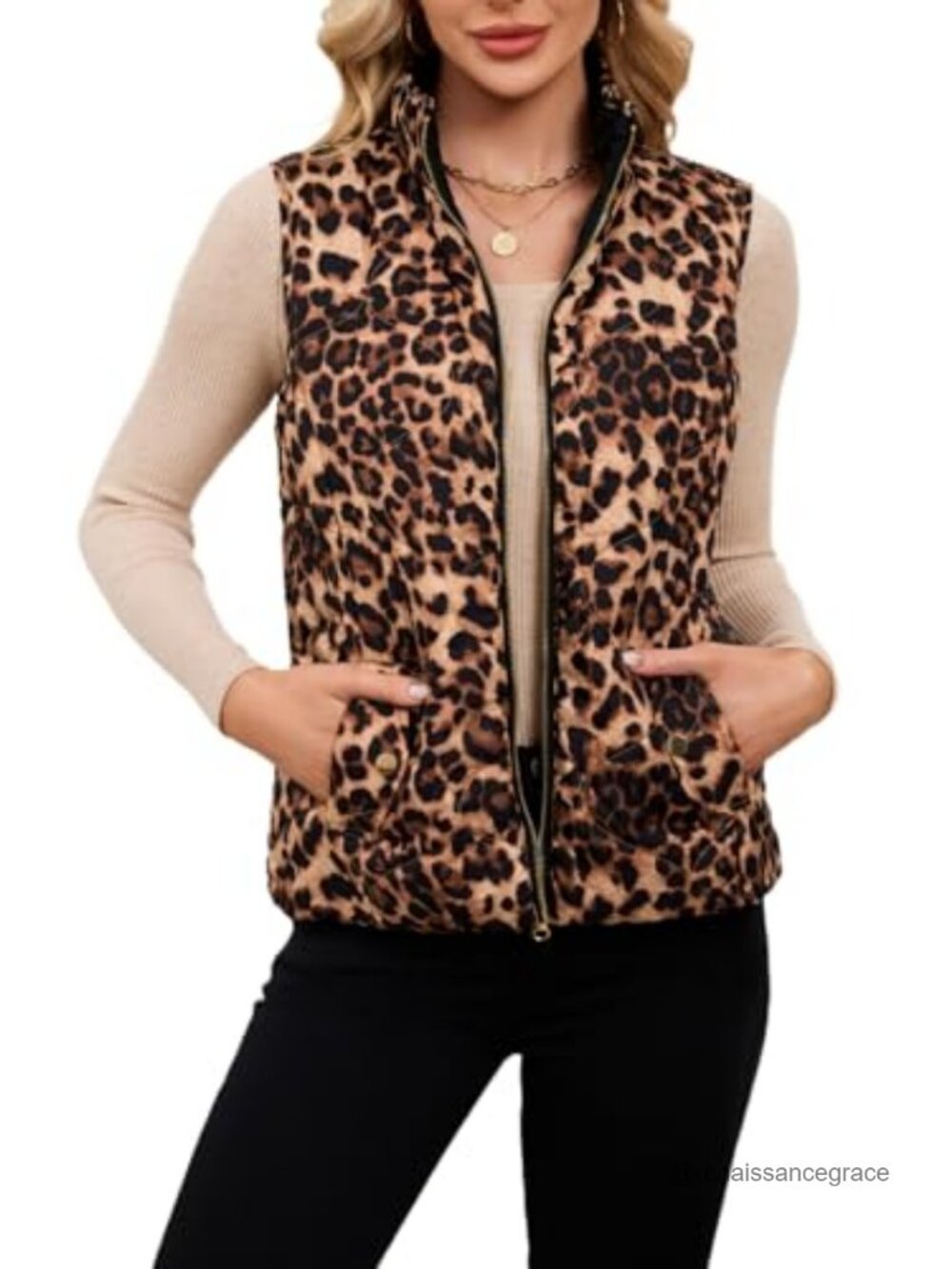 Quilted Reversible Puffer Vest Sleeveless Zip Up Leopard Print